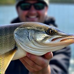 A customer holding a large Northern Pike caught in a local lake.